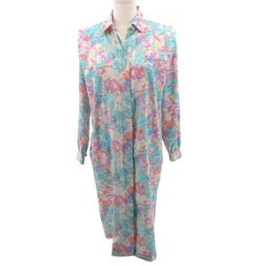 Vintage 80s Floral Shirt Dress Watercolor Midi Wrinkle Resistant USA Size 10‎